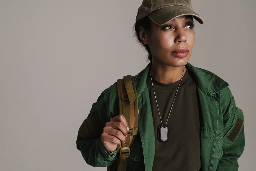 Female Veteran gazing in the distance